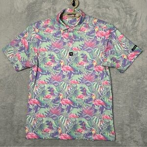 Bad Birdie Mingos Polo Mens Large Golf Performance Sports Flamingos Leaf Island